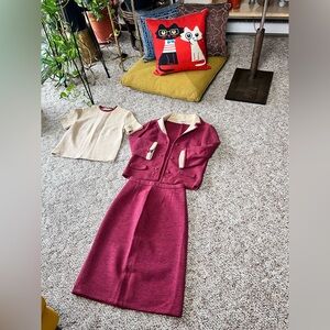60’s Vintage Dark Mauve Butte Knit 3 Piece Skirt Suit - 12